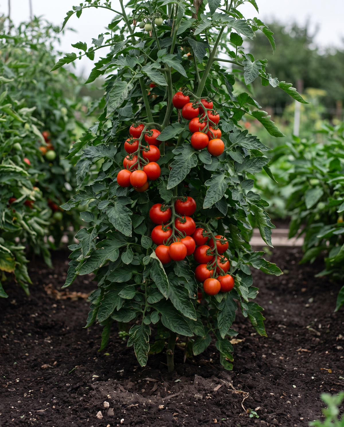 Healthy tomato plant fed with GroMax and RootMax, full of ripe red tomatoes