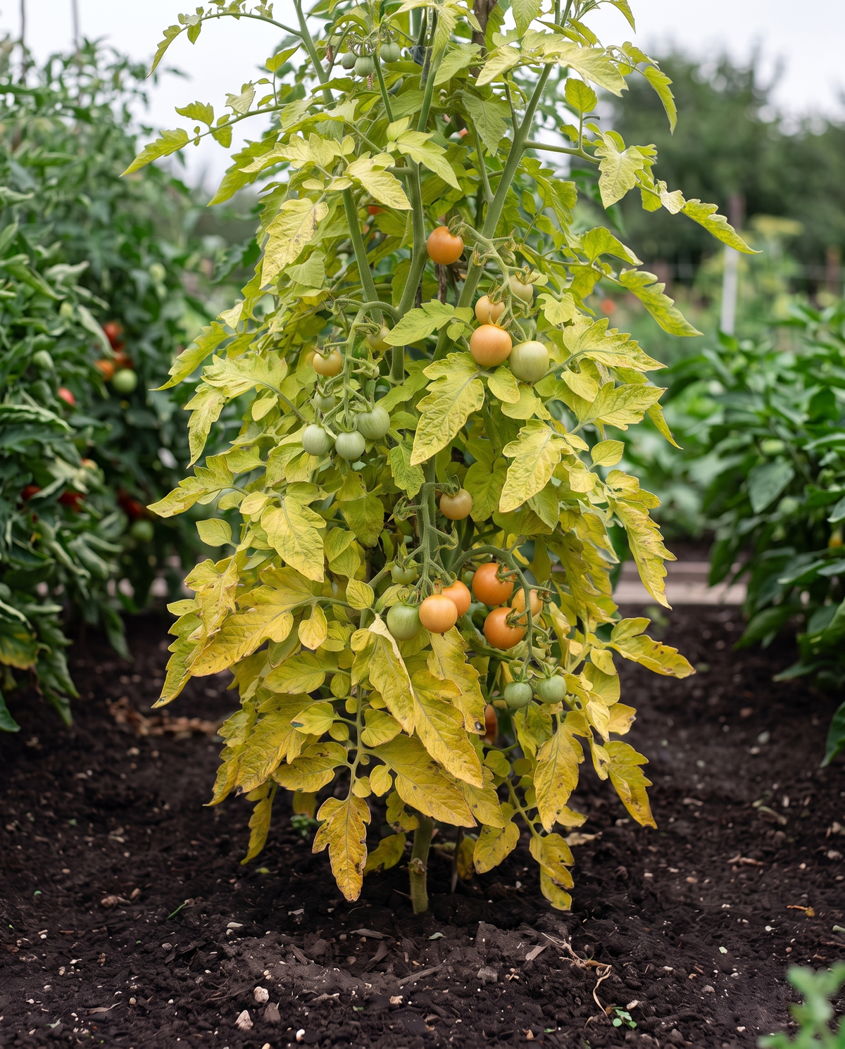 Unfed tomato plant with yellowing leaves and few fruit