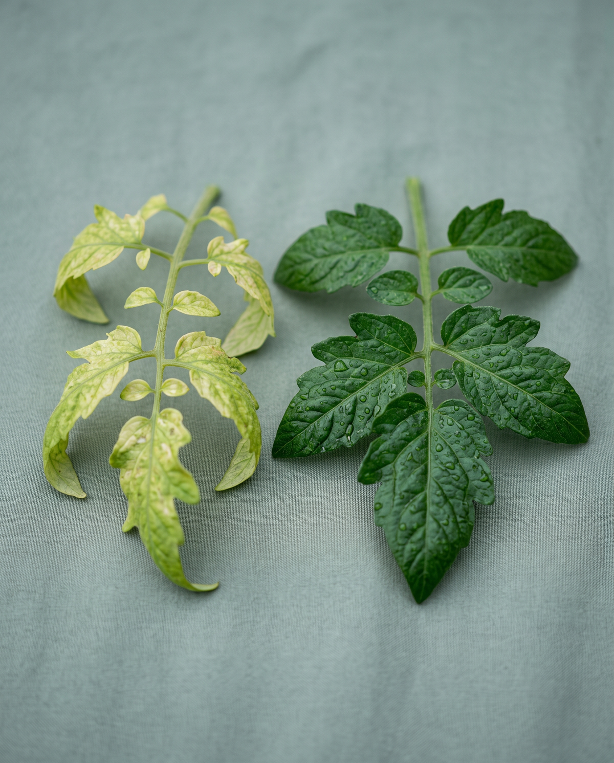 Leaf comparison: pale, yellowing tomato leaf beside a deep-green, glossy leaf fed with GroMax
