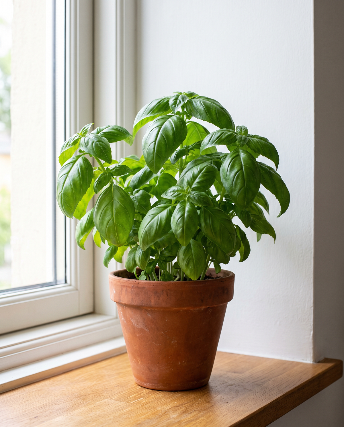 Bushy, dense basil plant in a terracotta pot on a windowsill