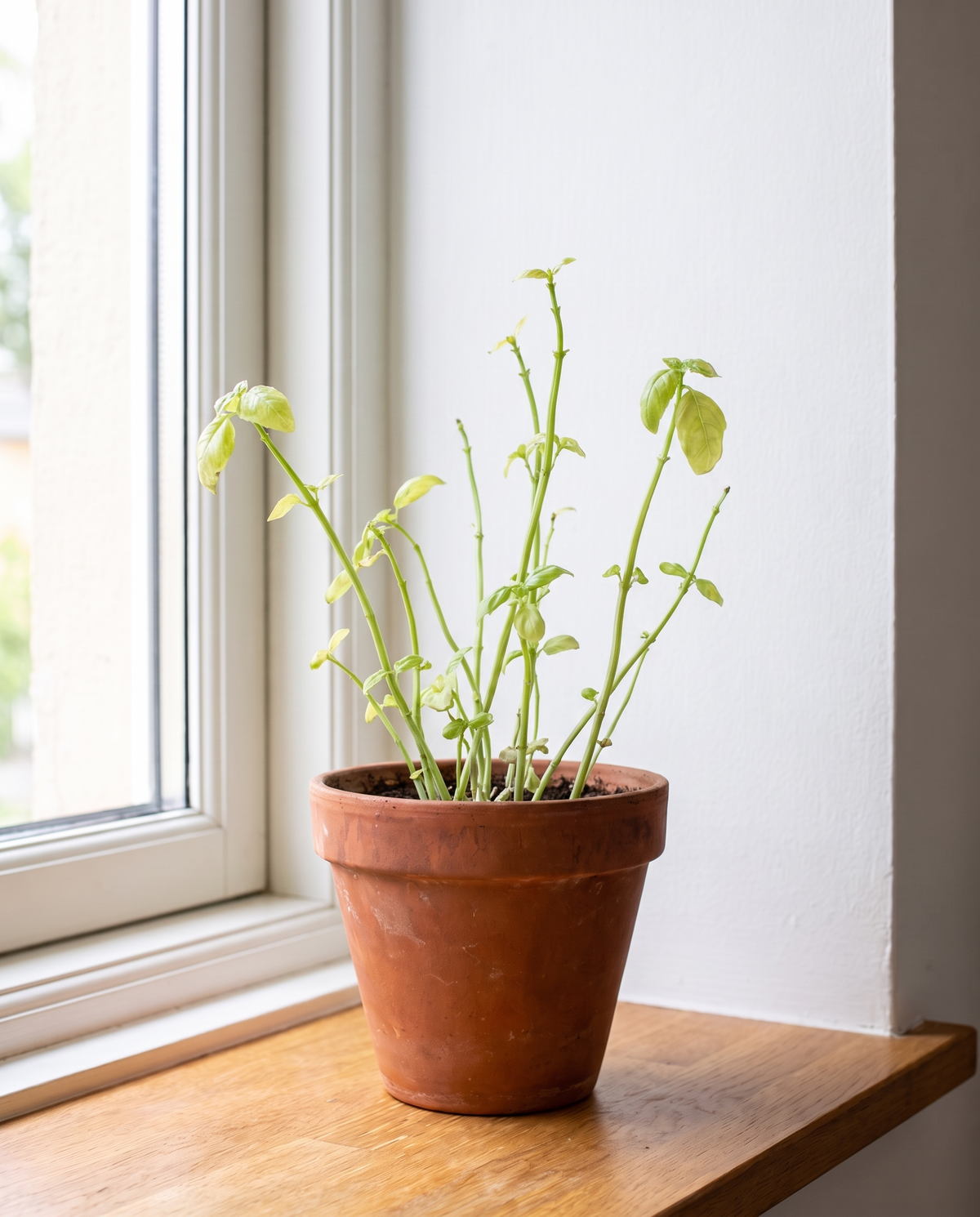 Leggy, sparse basil plant in a terracotta pot on a windowsill