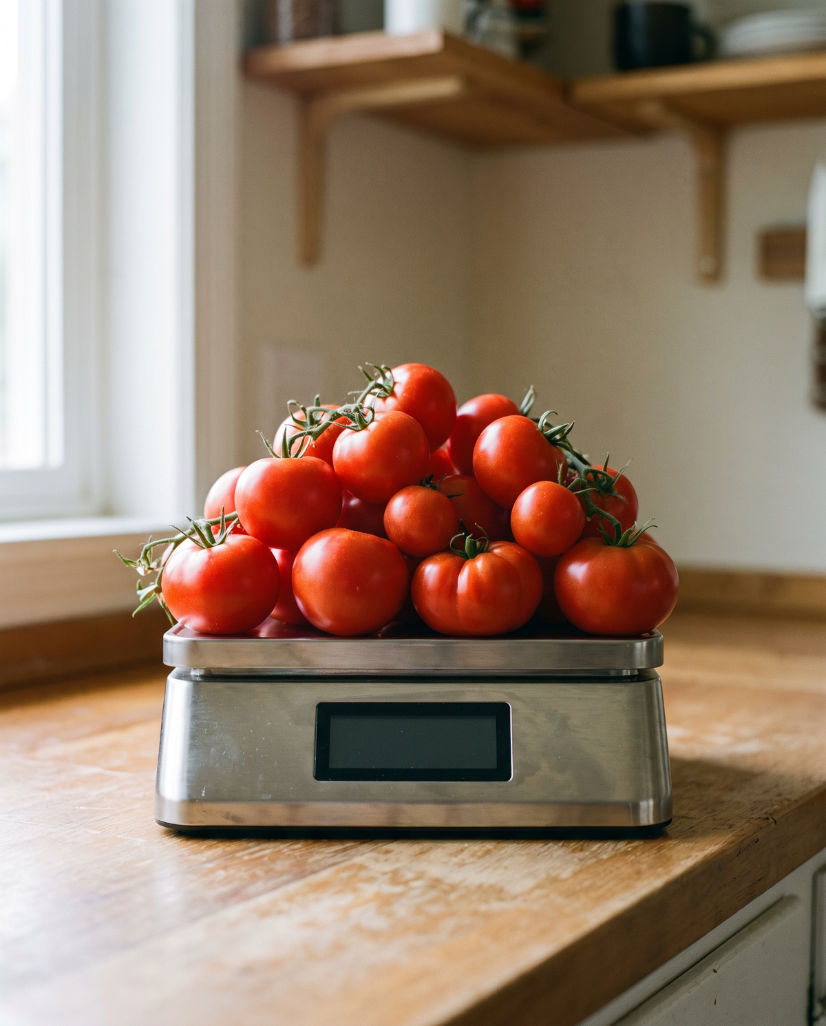 Large pile of ripe tomatoes on a kitchen scale