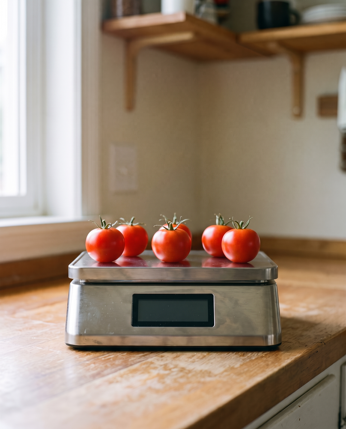 Small tomato harvest on a kitchen scale
