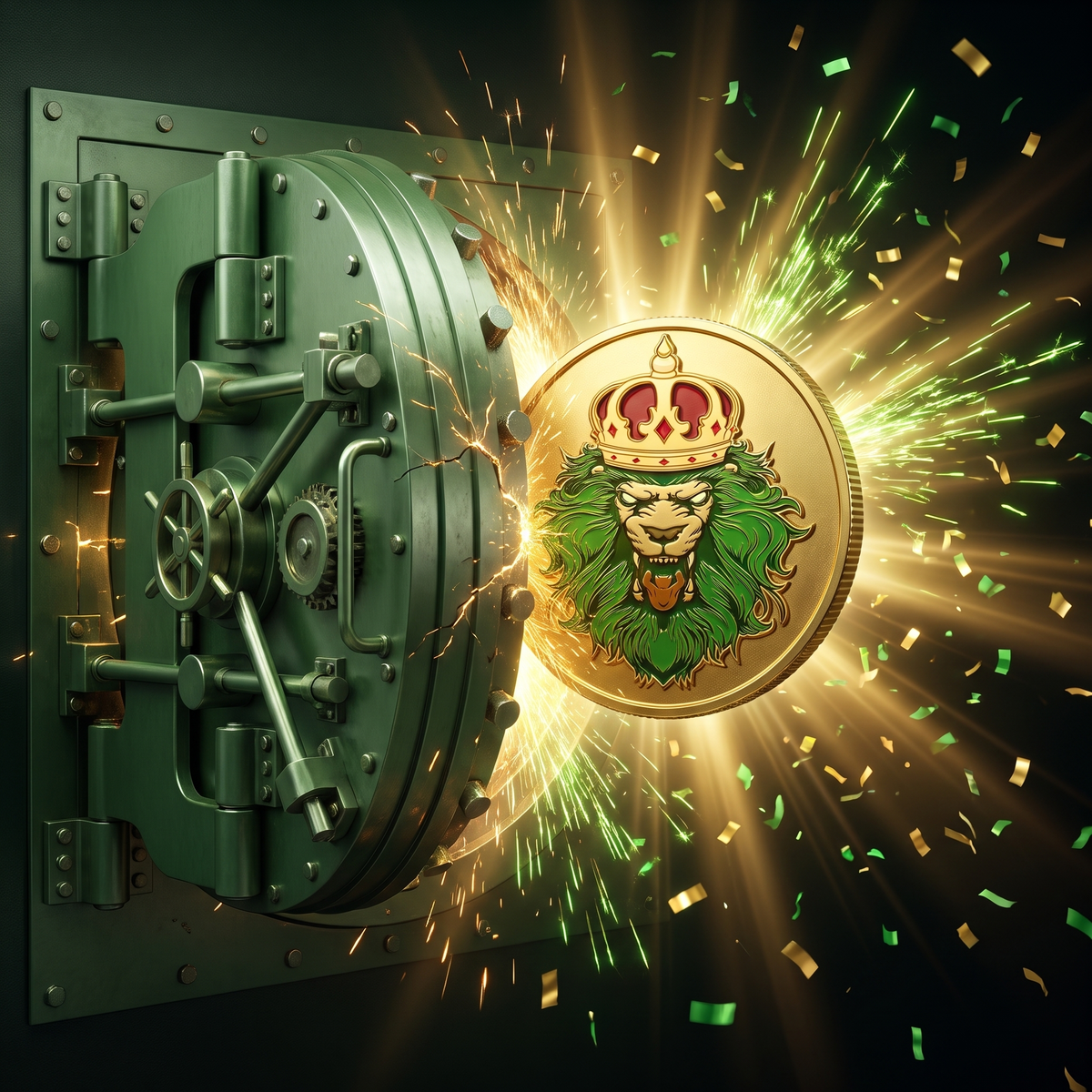 Gold lion crest bursting from an open vault door