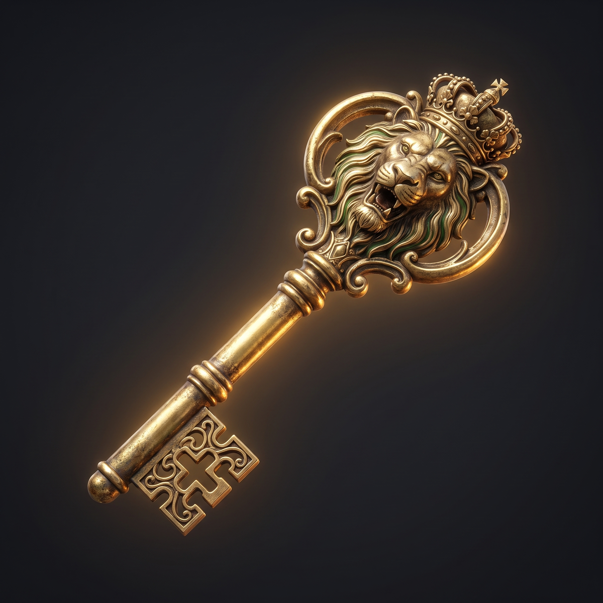 Ornate gold key with a lion crest