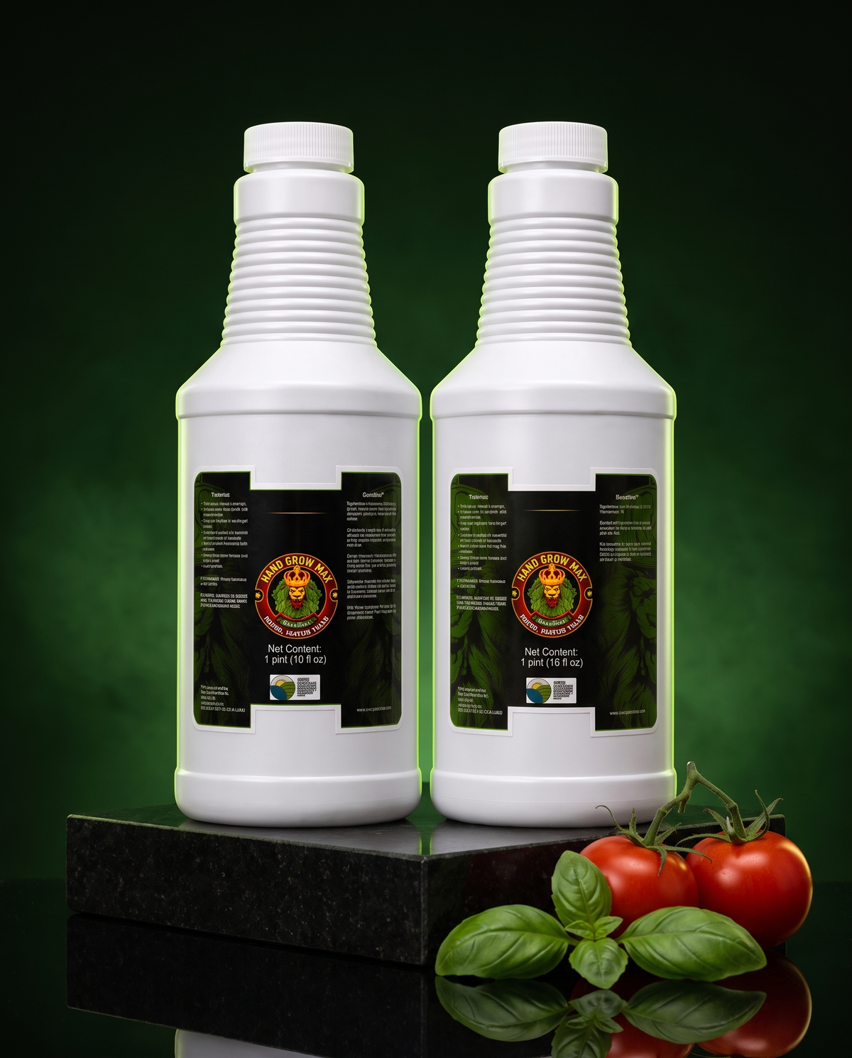 Grow Max Bundle: GroMax and RootMax 16 oz bottles on a dark plinth with tomatoes and basil