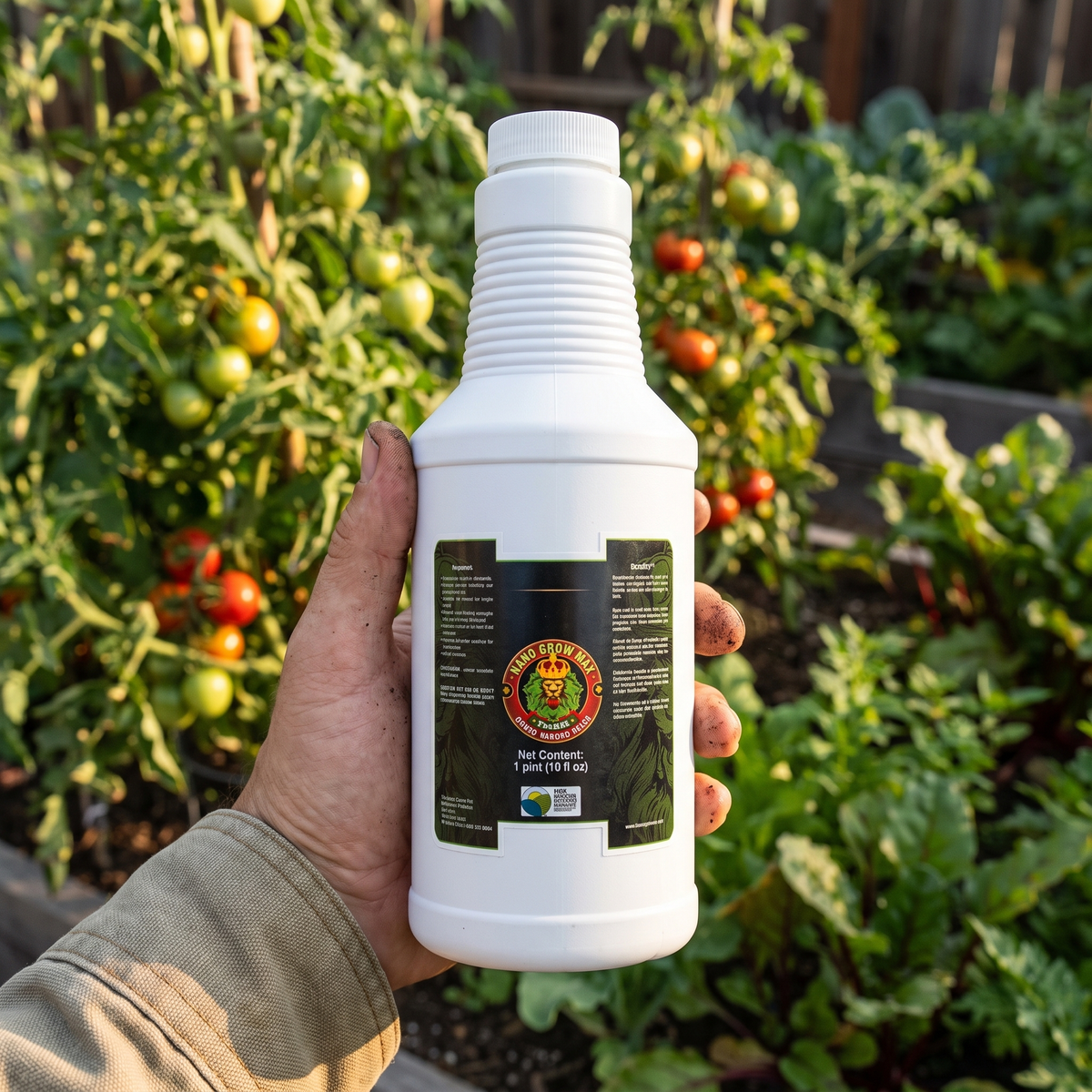 Hand holding a GroMax bottle in a tomato garden