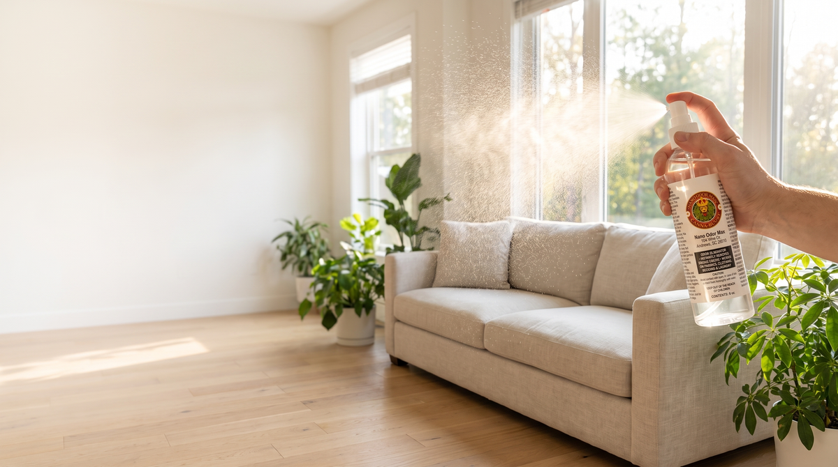Hand holding a Nano Odor Max spray bottle in a bright, clean living room