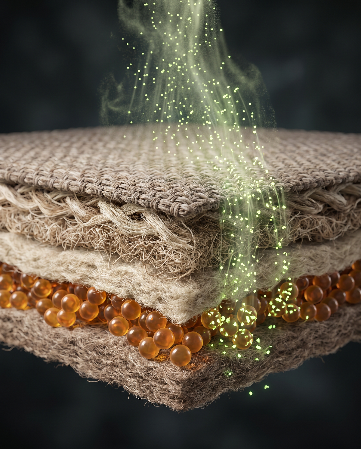 Cutaway of fabric layers showing Nano Odor Max droplets reaching deep below the surface