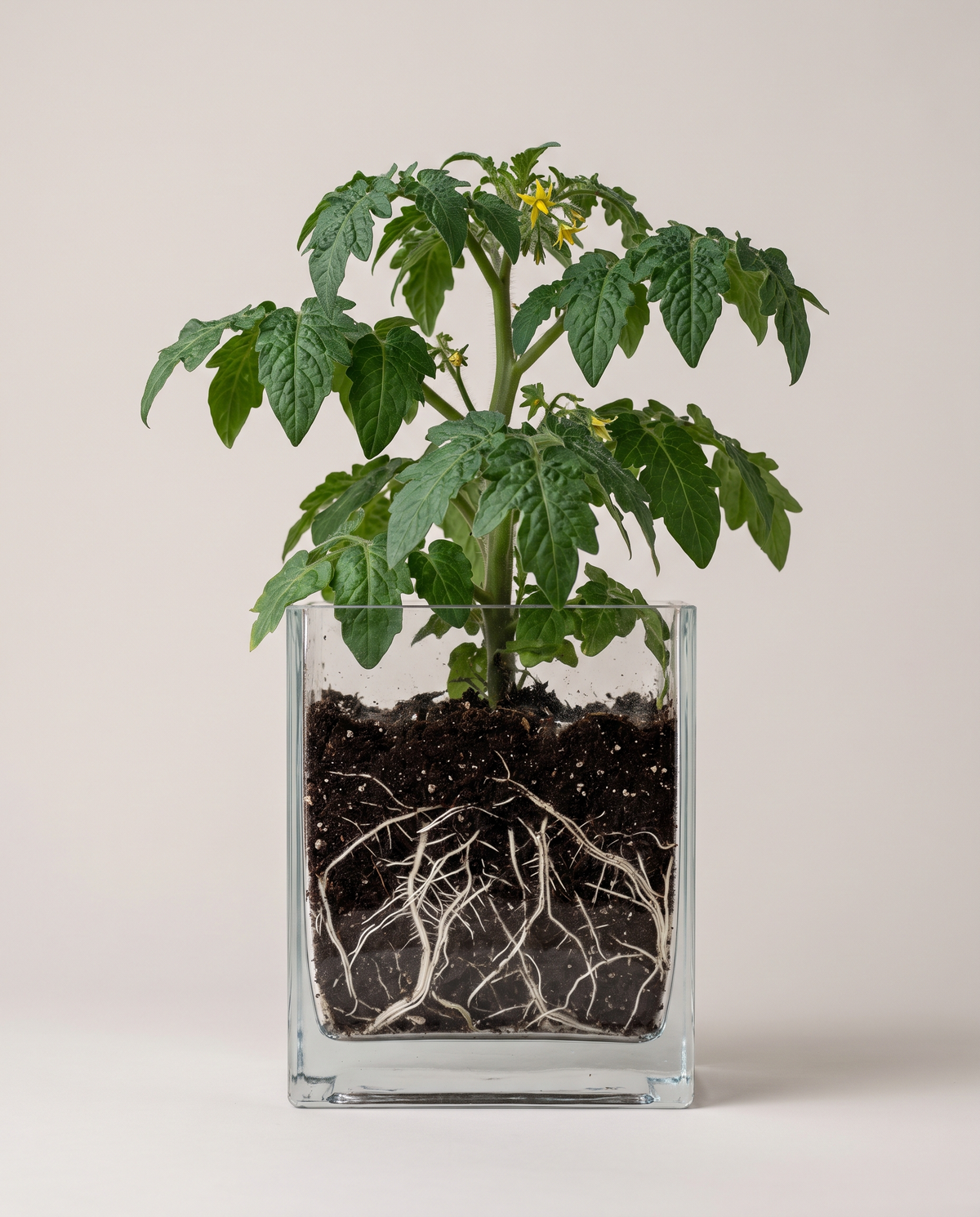 Cutaway of a tomato plant in a glass cube showing leaves above and roots below the soil