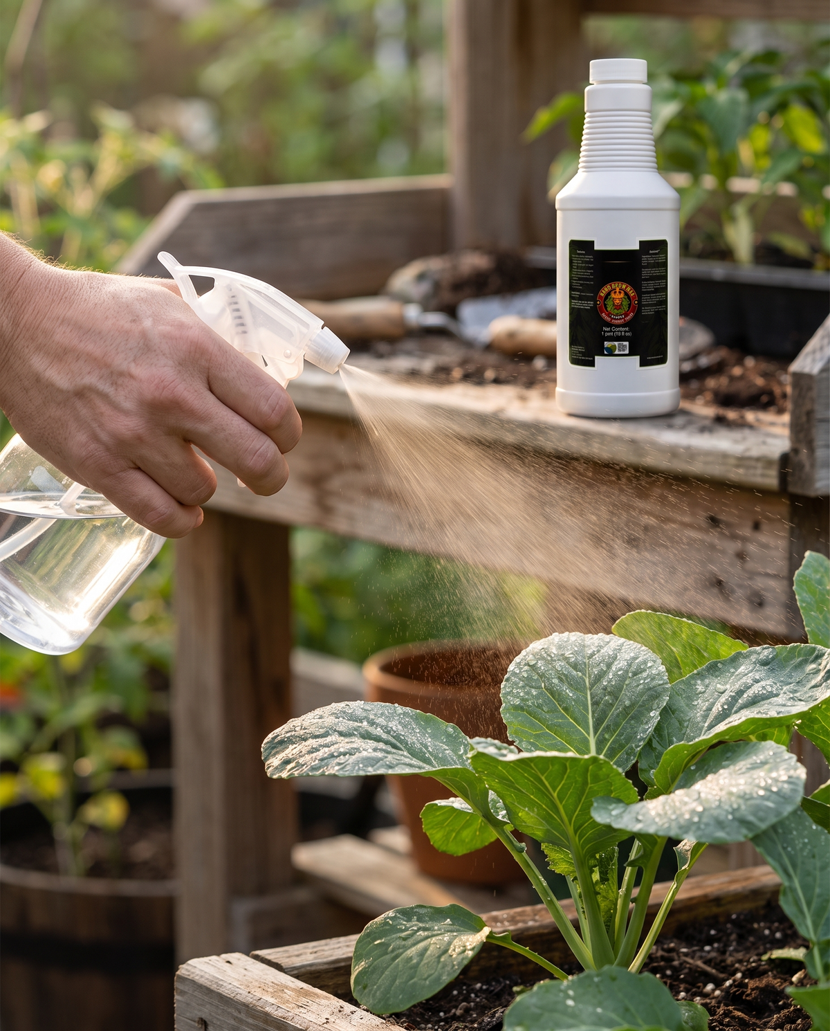 Spraying GroMax on the leaves of a vegetable plant