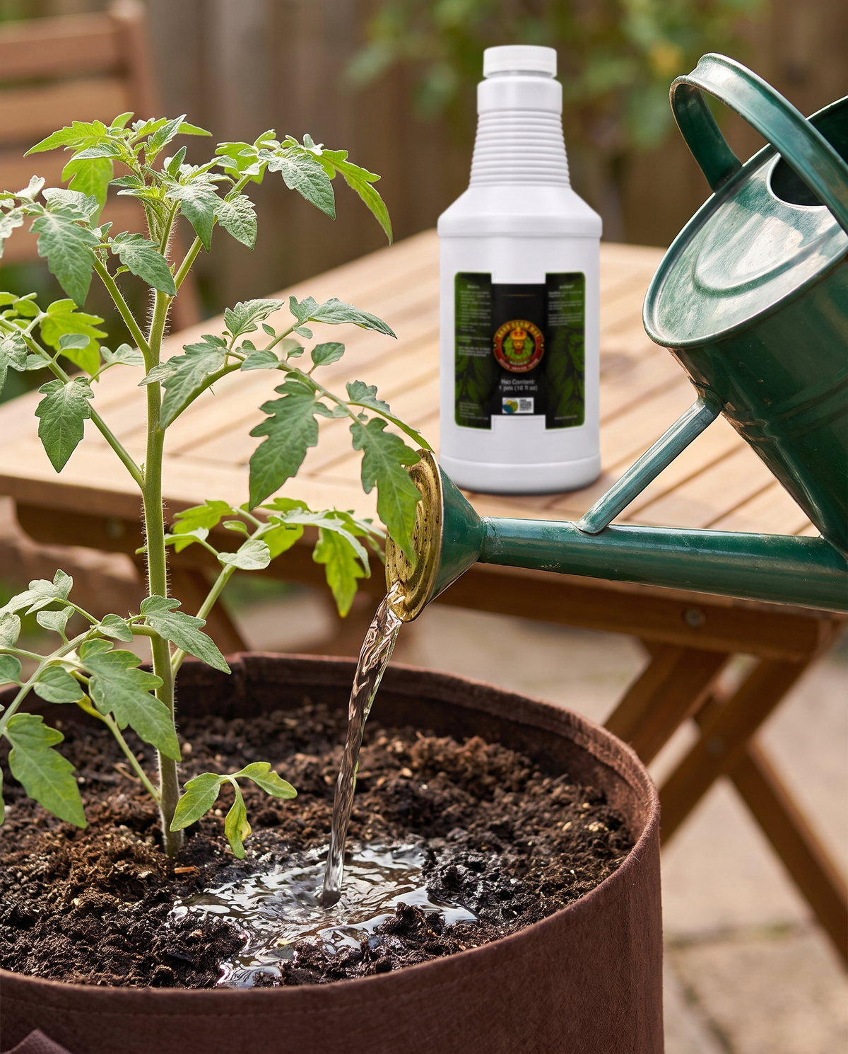 Drenching the soil around a tomato seedling with RootMax