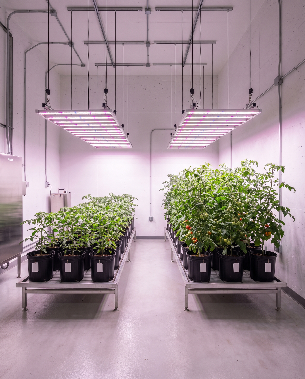 Indoor trial: control and treated plant blocks under grow lights