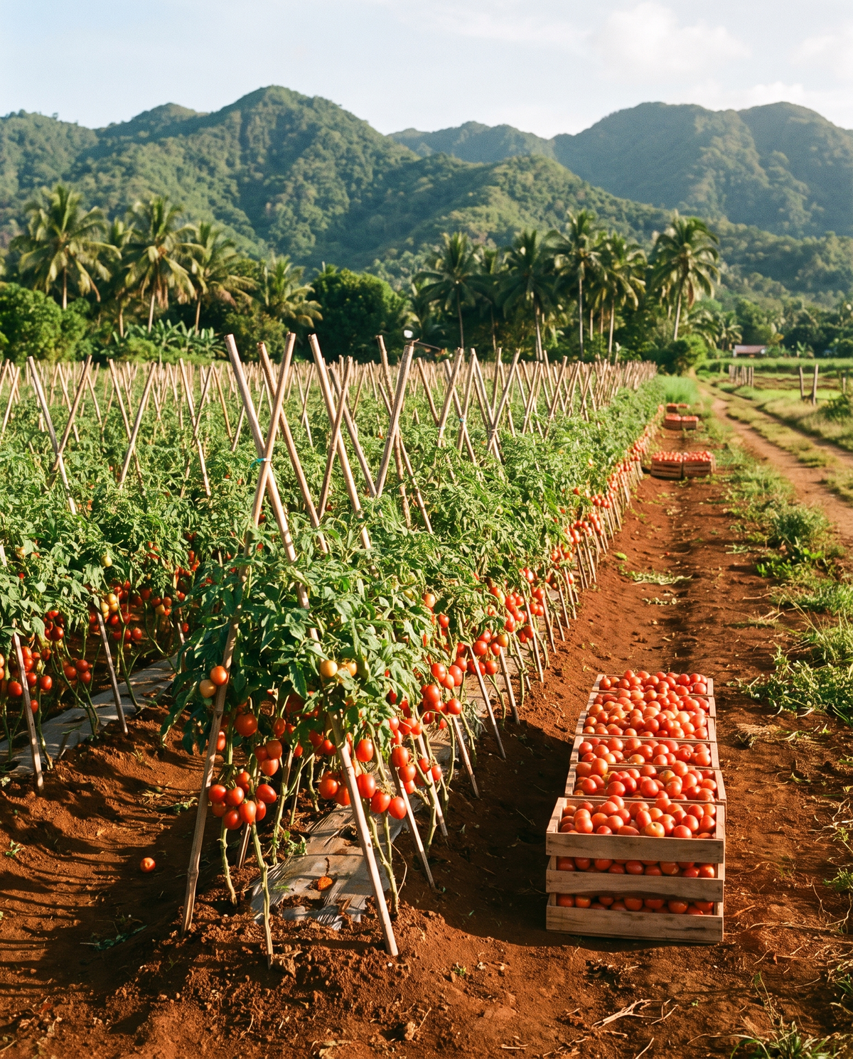 Tomato field rows with harvest crates