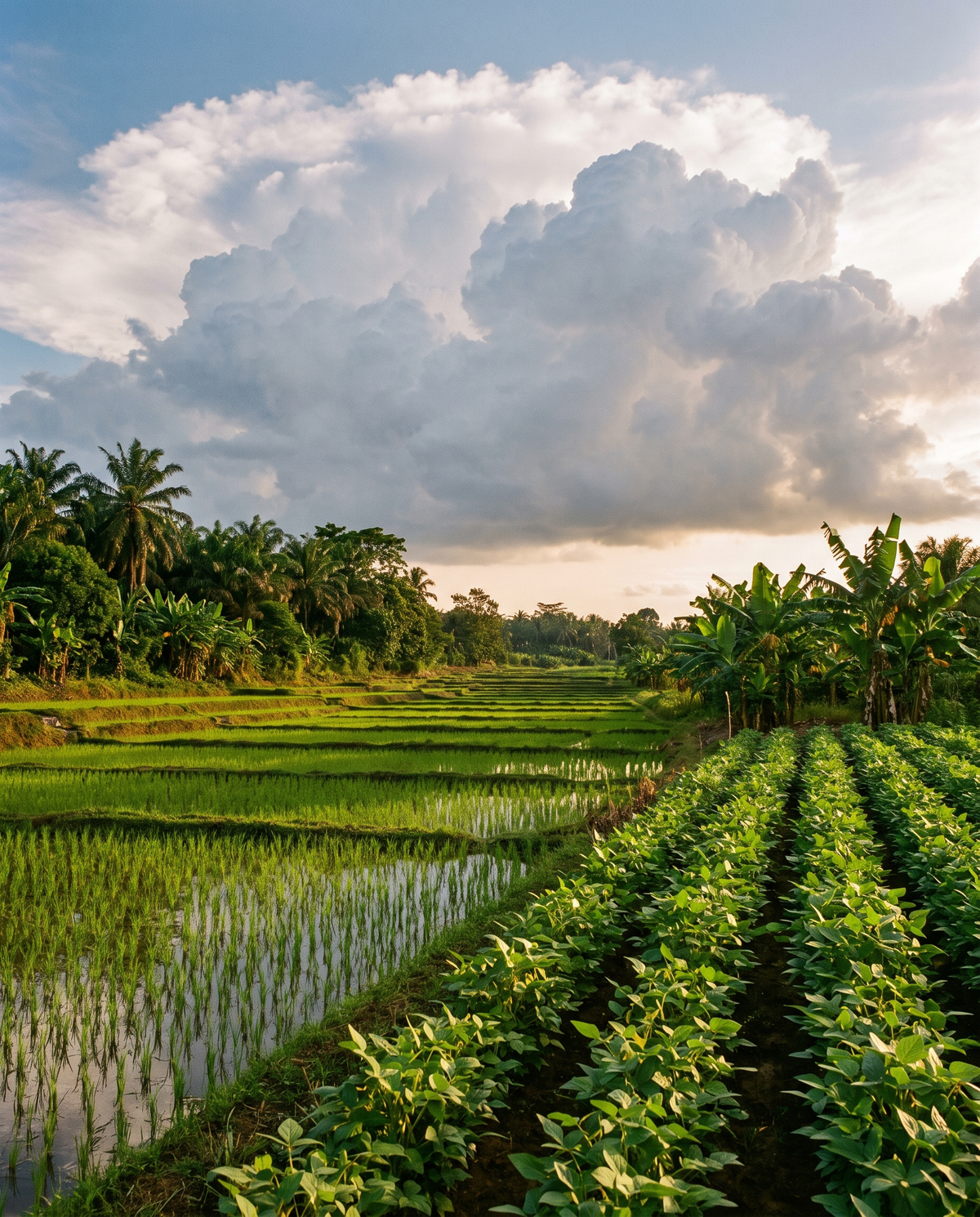 Rice paddies beside soybean rows
