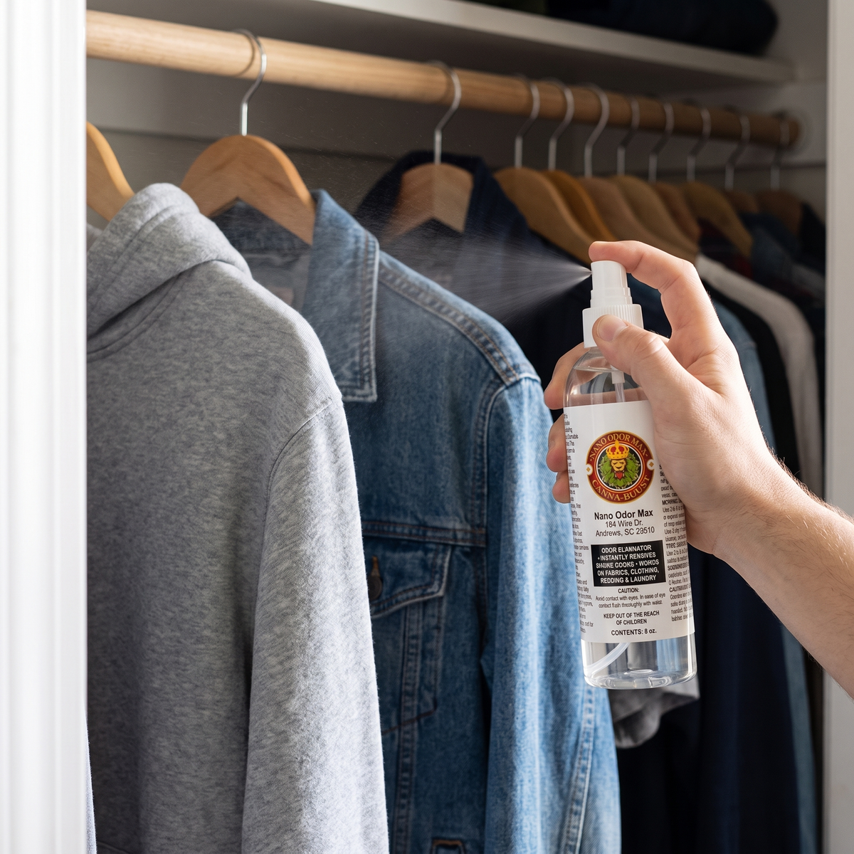 Spraying Nano Odor Max on hoodies and jackets in a closet
