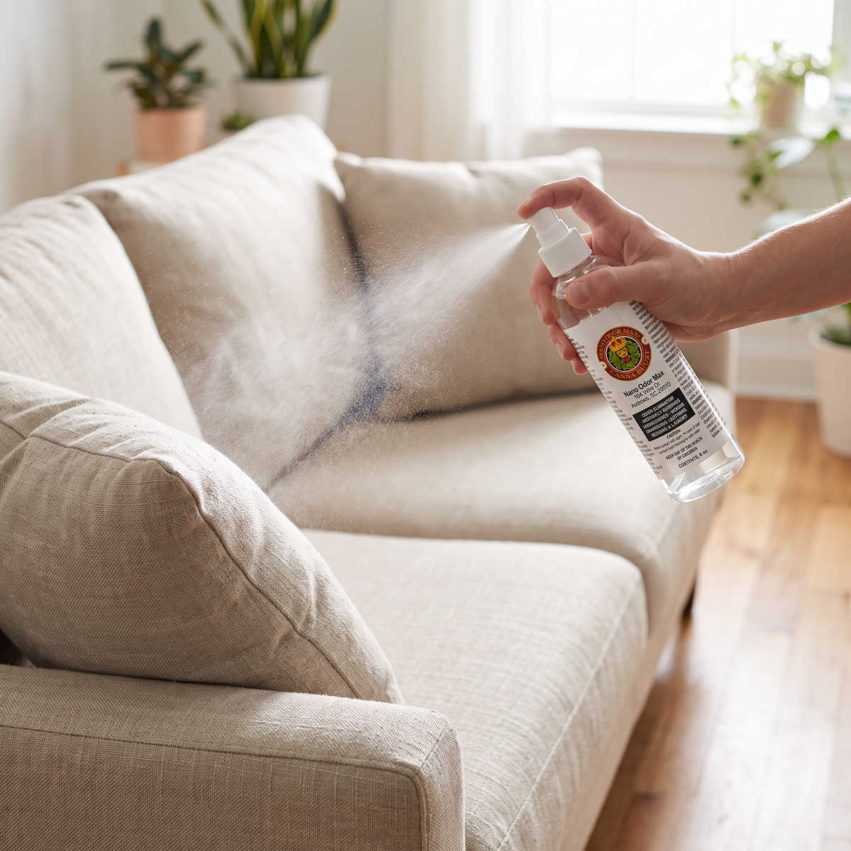 Spraying Nano Odor Max on a couch cushion