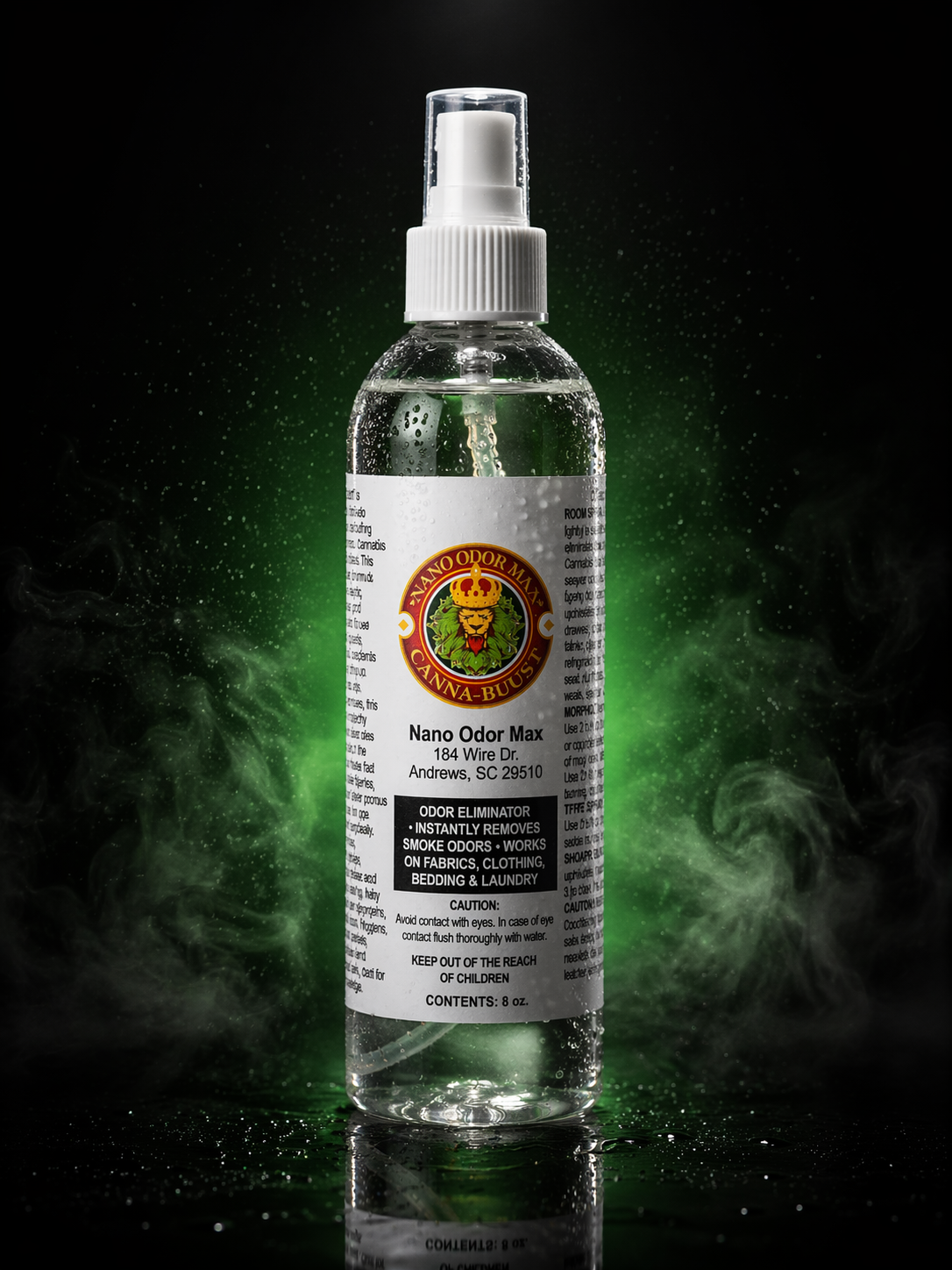 Nano Odor Max 8 oz spray bottle on a dark green background